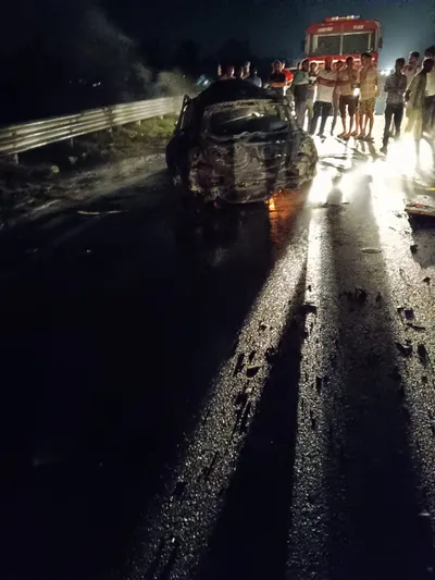 पिहोवा में ट्रक की टक्कर से कार में लगी आग  तीन लोगों की मौके पर ही मौत